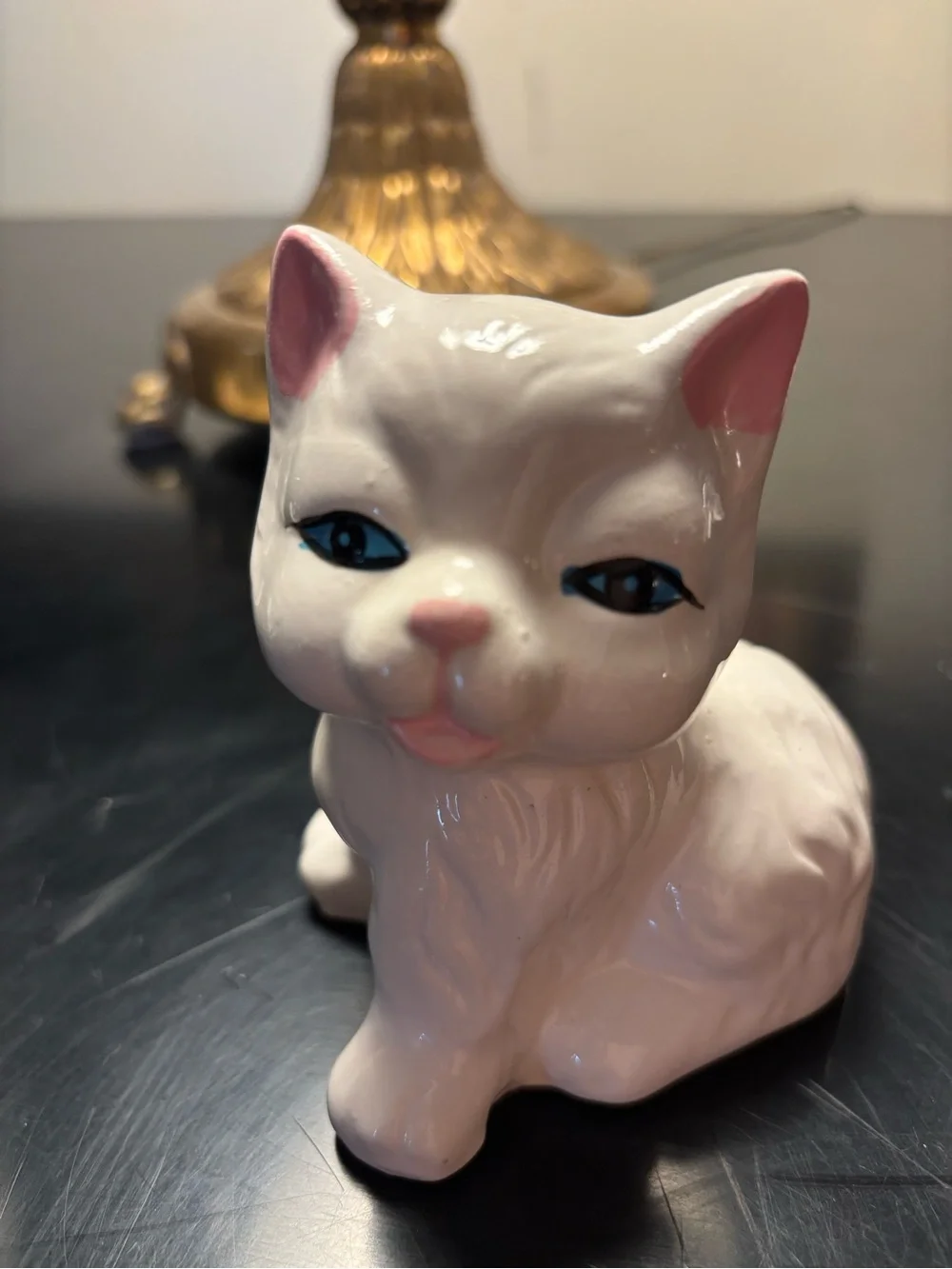 Vintage White Ceramic Cat Figurine with Pink Accents Blue Eyes